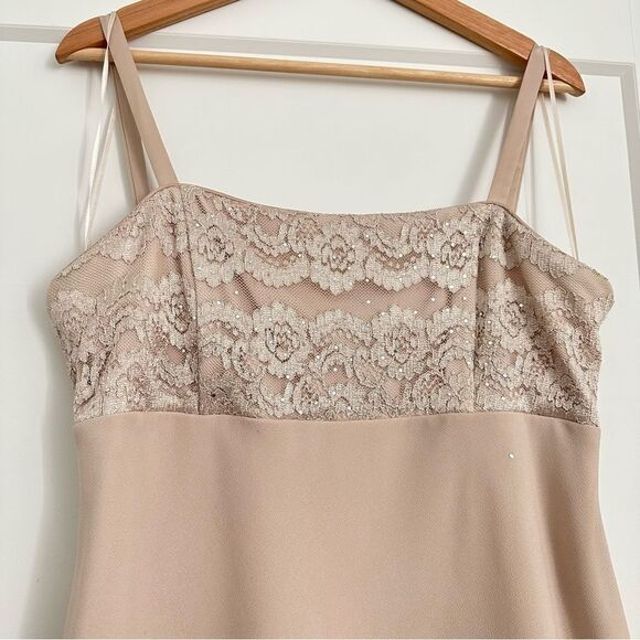 Formal Neutral Prom Wedding Sleeveless Lace Y2K Beaded Flowy Sheer Mini Dress - Picture 9 of 13